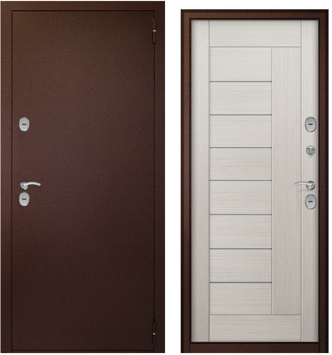 Тульские двери ТЕРМОБОКС Бьянко(медь,ЦАРГА 22мм+молдинг, ПВХ Бьянко, 2 петли, ф-ра хром) (2050*860, правая, термо)