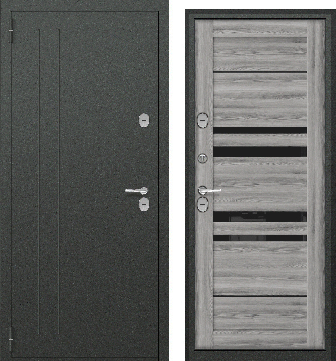 Тульские двери ТЕРМОБОКС СИП (букле графит/МДФ ясень ривьера грей) (2050*860, левая, термо)