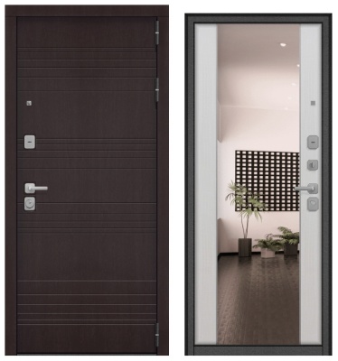 Дверь металл Дуэт (МДФ дуб фактурный горький шоколад/МДФ лиственница белая + зерк.вставка)