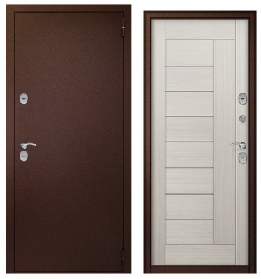 Дверь металл ТермоБокс (медь,ЦАРГА 22мм+молдинг, ПВХ Лиственница светлая, 2 петли, ф-ра хром)