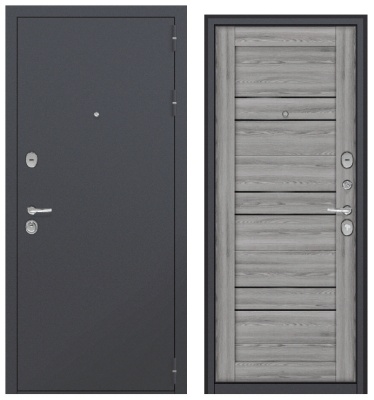 Дверь мет. Агрия Царга 16мм, шагрень 7024, МДФ клен грей, черное стекло