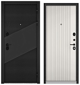 BULDOORS TRUST MASS, МДФ черный матовый 9S-163, МДФ эмаль белоснежная 9S-161 (2050*960, правая, нерж. порог, черный муар металлик, черный)