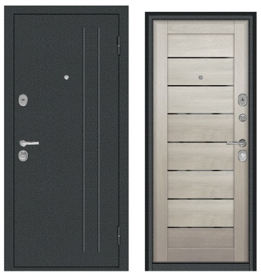 Тульские двери  Б31 СЕУЛ Букле графит, Дуб дымчатый ,Царга, черное стекло,три контура, хром